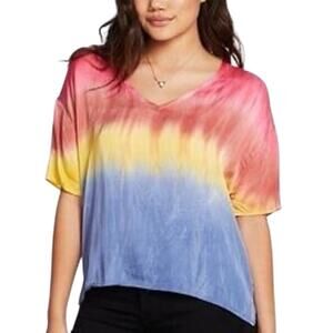 New CHASER Silky‎ Satin Short Sleeve V-Neck Boxy Tee Prism Dye Rainbow Sz S